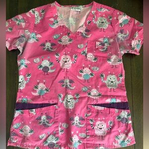 UA Scrubs Pink Monster Print Scrub Top with Pockets